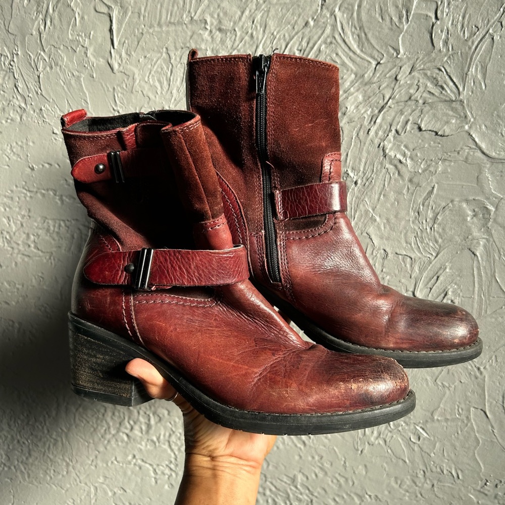 Clark’s Burgundy Leather Ankle Boots with Buckle